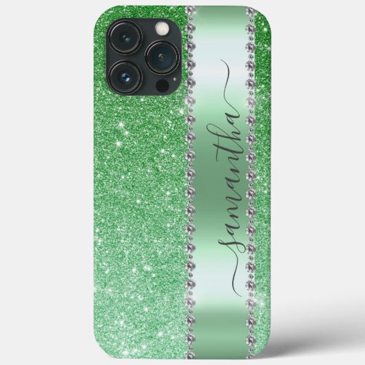 Diamond Green Glitter Calligraphy Monogram Name Case-Mate iPhone Case (Achterkant)