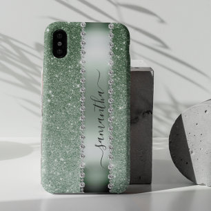 Diamond Groene Nep Glitter Calligrafie Monogram  Samsung Galaxy Hoesje