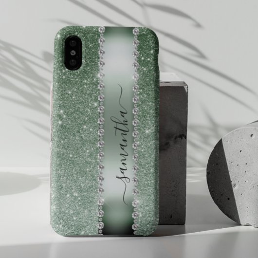 Diamond Groene Nep Glitter Calligrafie Monogram  Samsung Galaxy Hoesje