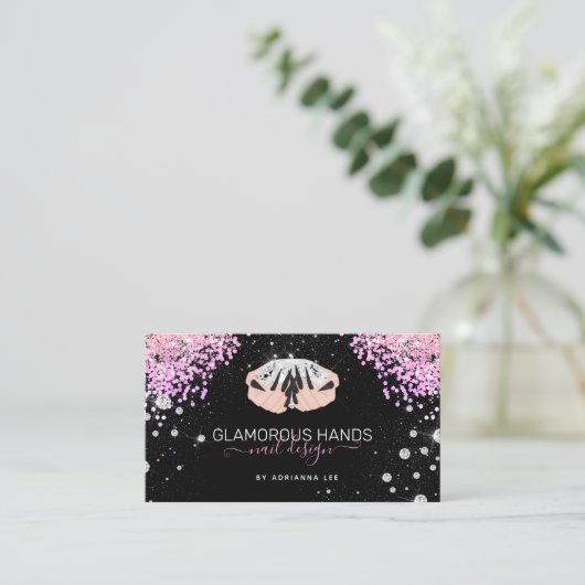 Diamond Hands Pink Glitter Black Nails Nail Tech B Visitekaartje (Staand voorkant)