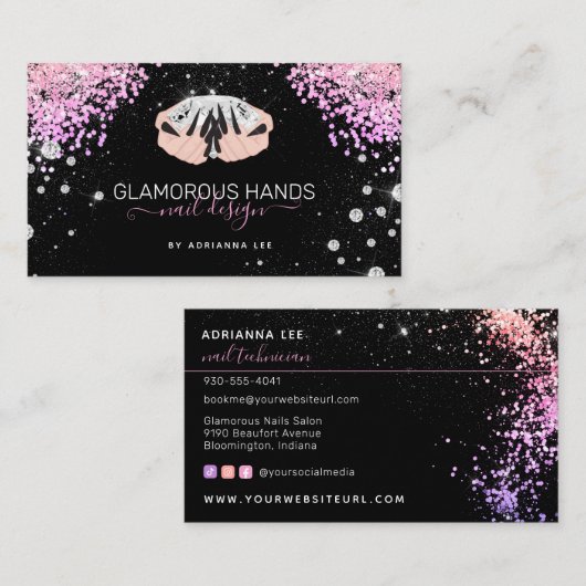 Diamond Hands Pink Glitter Black Nails Nail Tech B Visitekaartje (Voorkant / Achterkant)
