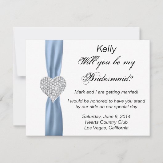 Diamond Hart Blauwe Trouw Bruidsmeisje Kaart (Voorkant)