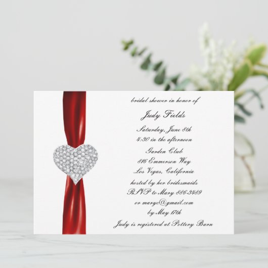 Diamond hart rood bruiloft bruids douche uitnodigi kaart (Staand voorkant)