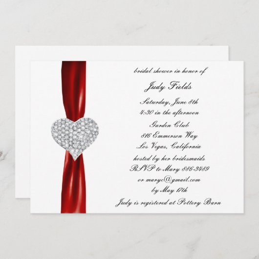 Diamond hart rood bruiloft bruids douche uitnodigi kaart (Voorkant / Achterkant)