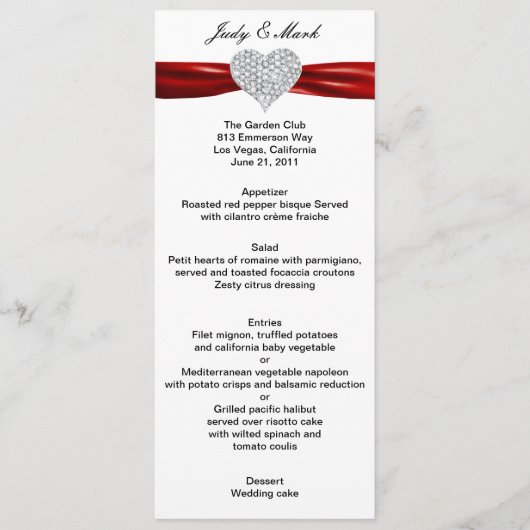 Diamond hart rood bruiloft menu Kaart (Voorkant)