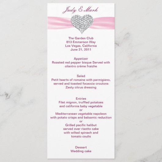 Diamond Hart Roze Bruiloft Menu Kaart (Voorkant)