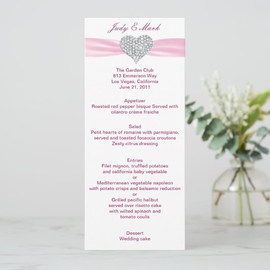 Diamond Hart Roze Bruiloft Menu Kaart (Staand voorkant)