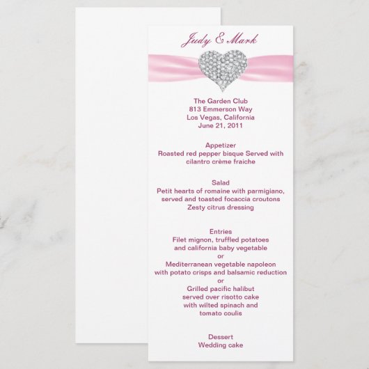 Diamond Hart Roze Bruiloft Menu Kaart (Voorkant / Achterkant)