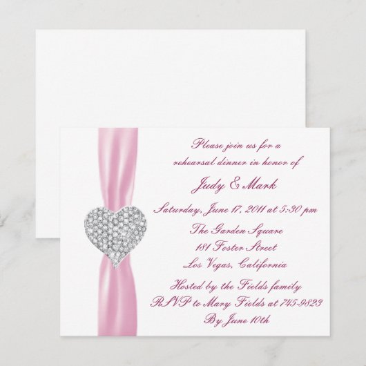 Diamond Hart Roze Repetitie Diner Uitnodiging (Voorkant / Achterkant)