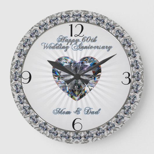Diamond Heart 60th Wedding Jubileum Clock Grote Klok (Voorkant)