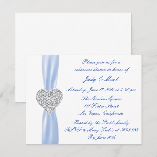 Diamond Heart Blue Rehearsal Dinner Invitation Kaart (Voorkant / Achterkant)