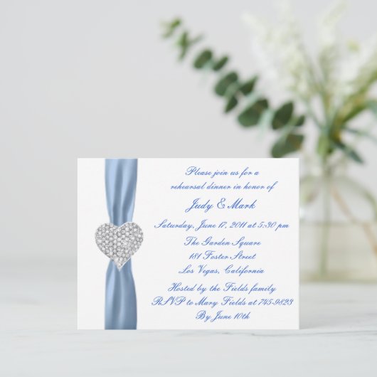 Diamond Heart Blue Rehearsal Dinner Invitation Kaart (Staand voorkant)