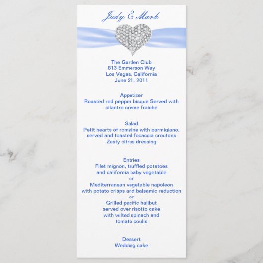 Diamond Heart Blue Wedding Menu Card (Voorkant)