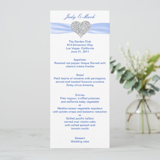 Diamond Heart Blue Wedding Menu Card (Staand voorkant)