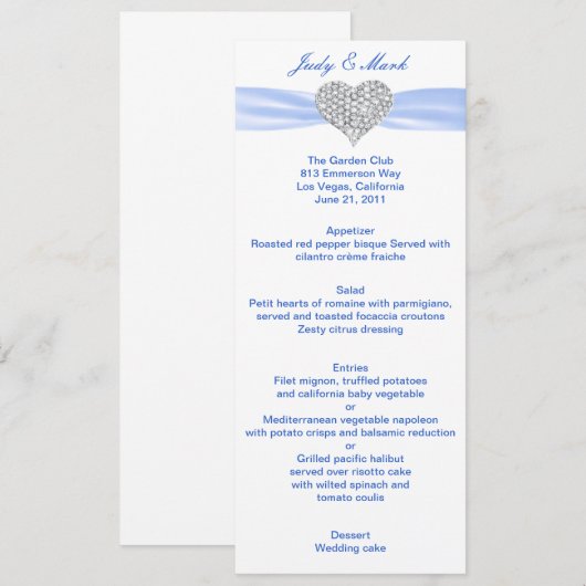 Diamond Heart Blue Wedding Menu Card (Voorkant / Achterkant)