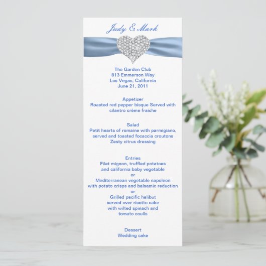 Diamond Heart Blue Wedding Menu Card (Staand voorkant)
