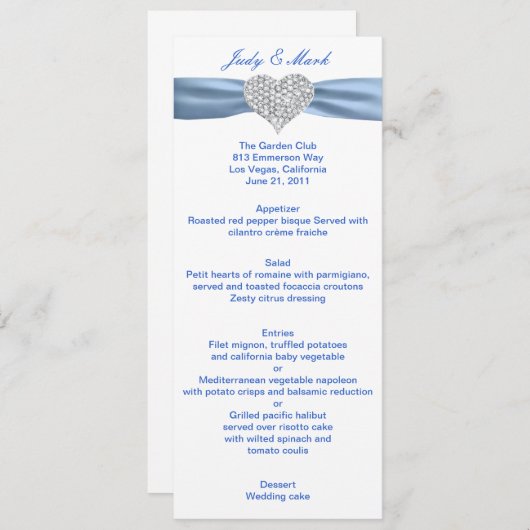 Diamond Heart Blue Wedding Menu Card (Voorkant / Achterkant)