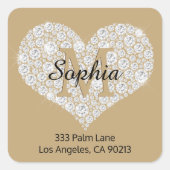 Diamond Heart, Gouden Monogram, Naam, Adres Vierkante Sticker (Voorkant)