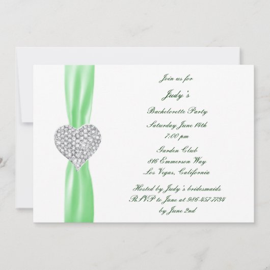 Diamond Heart Green Bachelorette Party Invitation Kaart (Voorkant)