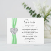 Diamond Heart Green Ribbon Wedding Details Informatiekaartje (Staand voorkant)