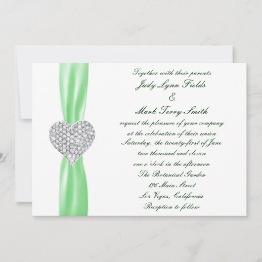 Diamond Heart Green Wedding Invitation Kaart (Voorkant)