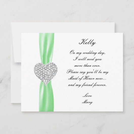 Diamond Heart Green Wedding Maid of Honor Kaart (Voorkant)