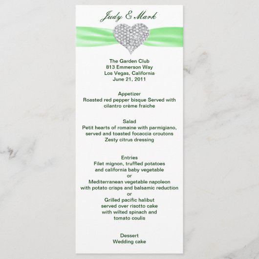 Diamond Heart Green Wedding Menu Card (Voorkant)