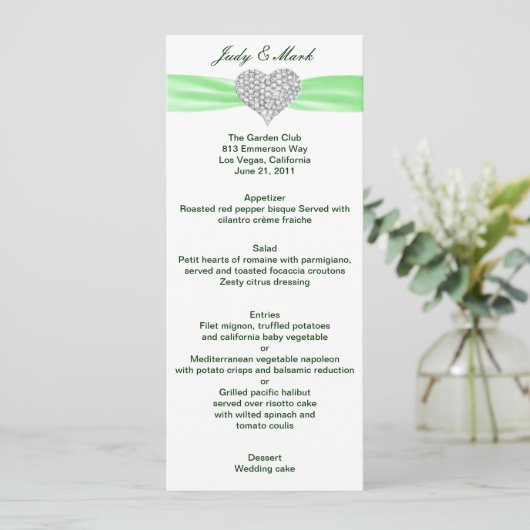 Diamond Heart Green Wedding Menu Card (Staand voorkant)