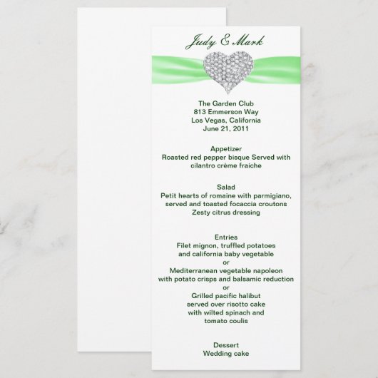Diamond Heart Green Wedding Menu Card (Voorkant / Achterkant)