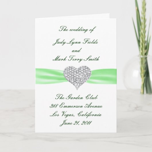 Diamond Heart Green Wedding Program Kaart (Voorkant)