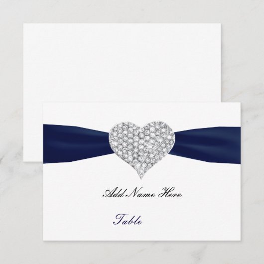 Diamond Heart Navy Blauwe Trouwtafel Place Card Kaart (Voorkant / Achterkant)