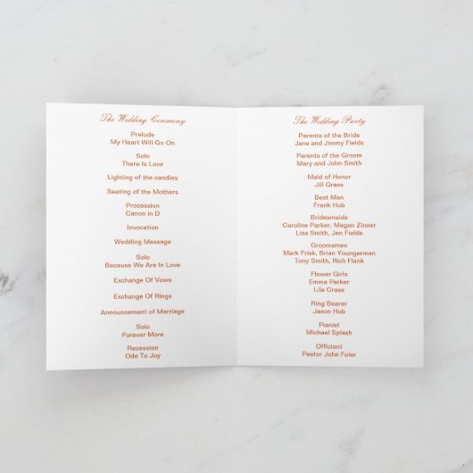 Diamond Heart Oranje Wedding Program Kaart (Binnen)