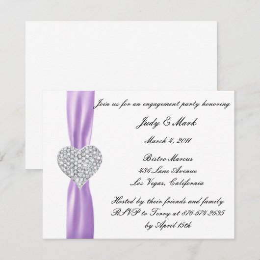 Diamond Heart Paarse Engagement Party - Uitnodigin Kaart (Voorkant / Achterkant)
