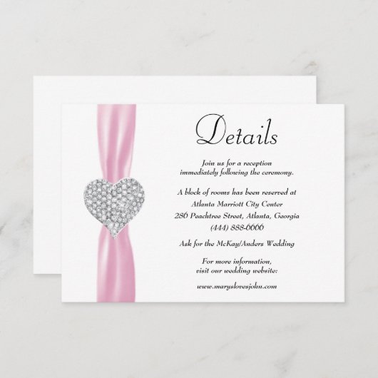 Diamond Heart Pink Ribbon Wedding Details Informatiekaartje (Voorkant / Achterkant)