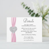 Diamond Heart Pink Ribbon Wedding Details Informatiekaartje (Staand voorkant)