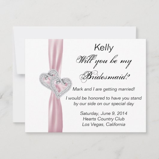 Diamond Heart Pink Wedding Bridesmaid Kaart (Voorkant)