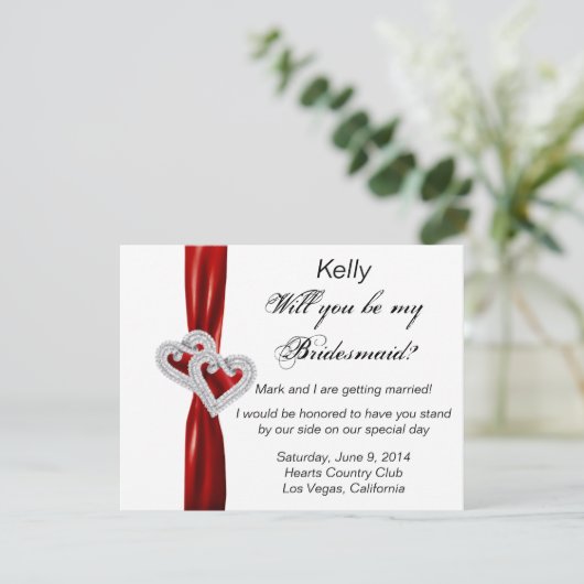 Diamond Heart Red Wedding Bridesmaid Kaart (Staand voorkant)