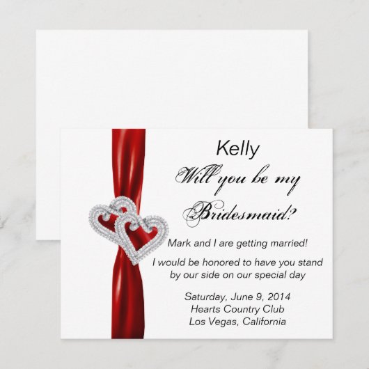 Diamond Heart Red Wedding Bridesmaid Kaart (Voorkant / Achterkant)