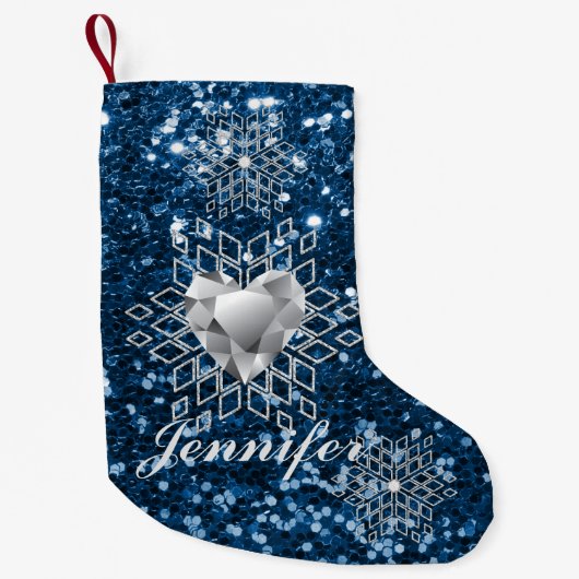 Diamond Heart Snowflakes & Blue Faux Glitter Kleine Kerstsok (Voorkant)