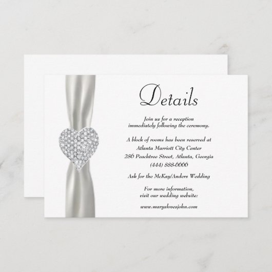 Diamond Heart White Ribbon Wedding Details Informatiekaartje (Voorkant / Achterkant)