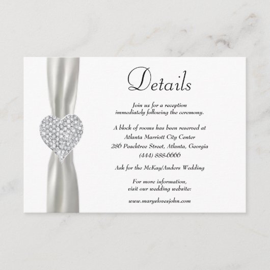 Diamond Heart White Ribbon Wedding Details Informatiekaartje (Voorkant)