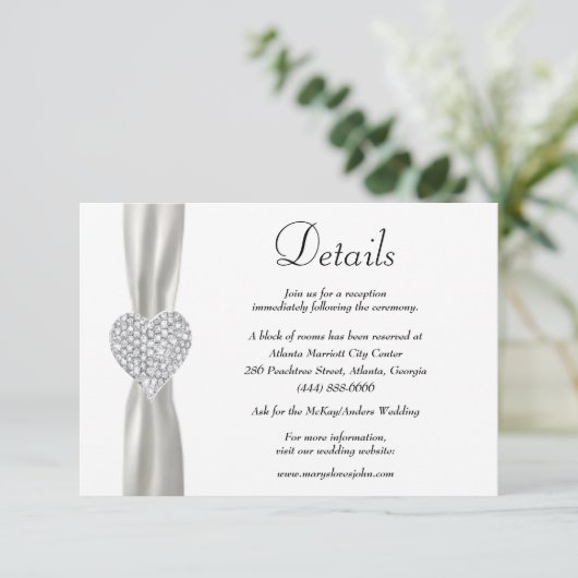 Diamond Heart White Ribbon Wedding Details Informatiekaartje (Staand voorkant)