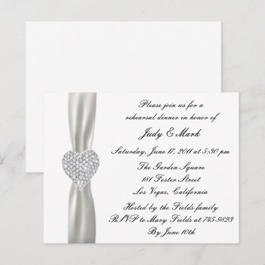 Diamond Heart White Wedding Rehearsal Dinner Invit Kaart (Voorkant / Achterkant)