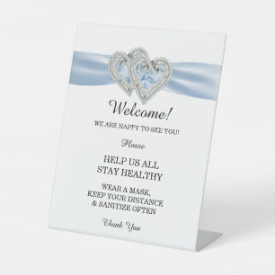 Diamond Hearts Blauw Lint Bruiloft Veiligheid Reclamebord Met Voetstuk