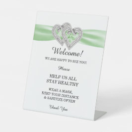 Diamond Hearts Green Ribbon Wedding Safety Reclamebord Met Voetstuk