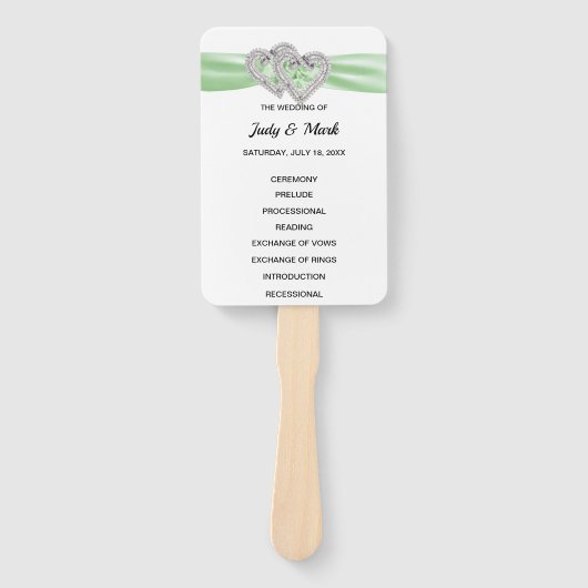 Diamond Hearts Green Wedding Program Fans Handwaaier (Voorkant)