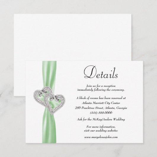 Diamond Hearts Groen Lint Bruiloft Details Informatiekaartje (Voorkant / Achterkant)