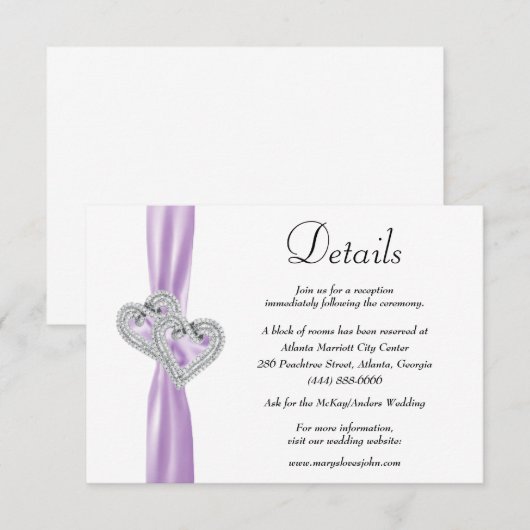 Diamond Hearts Paars Ribbon Wedding Details Informatiekaartje (Voorkant / Achterkant)