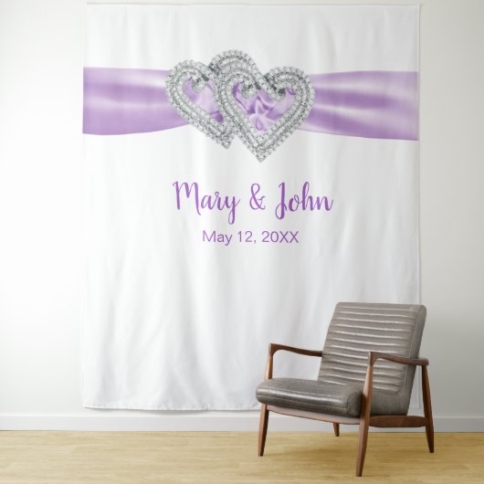 Diamond Hearts Paarse lint bruiloft achtergrond Wandkleed (In situ)