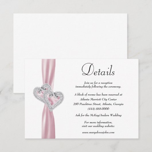 Diamond Hearts Pink Ribbon Wedding Details Informatiekaartje (Voorkant / Achterkant)
